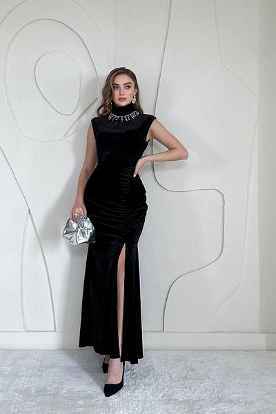 Elbee Fashion Woman Rochie adunată cu guler de piatră