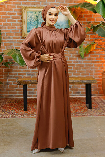 Nursima 6372 Kuşaklı Saten Tesettür Abiye Elbise