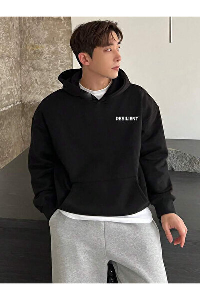 DEEPSENCE Unisex Siyah Kapüşonlu Sweatshirt RESILIENT minimal Baskılı