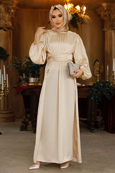 Nursima 6372 Kuşaklı Saten Tesettür Abiye Elbise