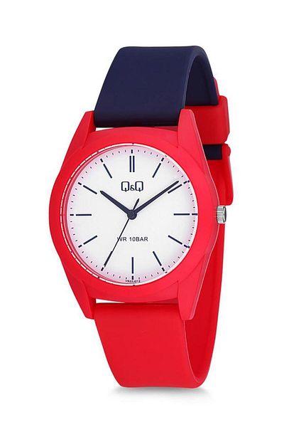 Q&Q Qq Vs22J012Y - 10 Bar Waterproof Unisex Wristwatch, Navy Blue-Red Plastic Band