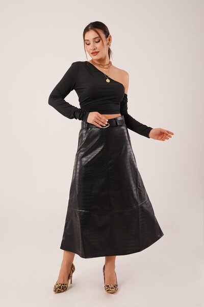 Hipo Trend Fusta din piele neagră cu curea din piele vegană în relief