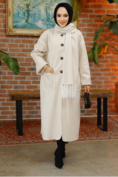 Neva Style Jachetă Hijab Cremă Eșarfă 7221kr