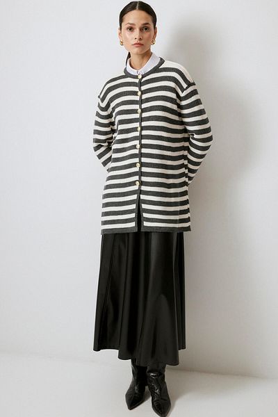Touché Privé Gold Buttoned Striped Long Cardigan