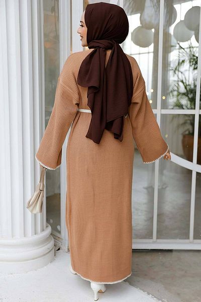 Neva Style Hijab Knitwear Dress - Belt, Biscuit 34201Bs