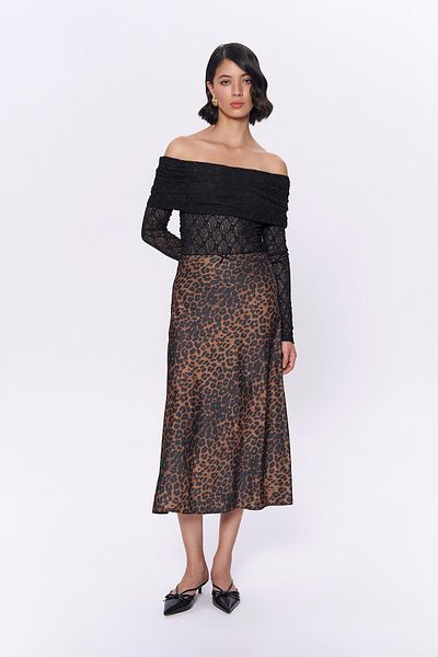 Quzu Satin Midi Skirt with Leopard Print