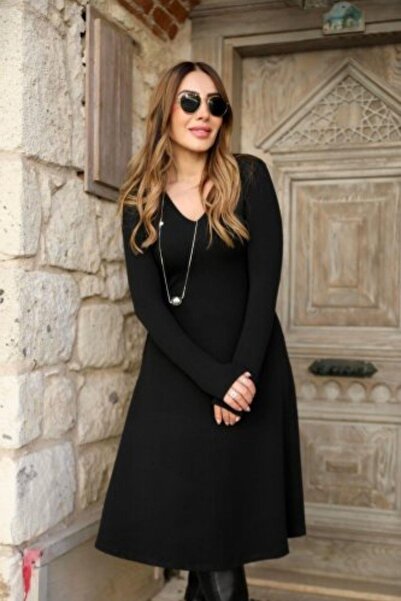 Mossta Μαύρο Midi Viscose φόρεμα - V-λαιμόκοψη, χαλαρό, δύο κλωστές