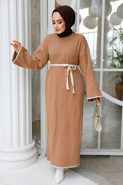 Neva Style Πλεκτό Φόρεμα Hijab - Με Ζώνη, Μπισκότο 34201BS