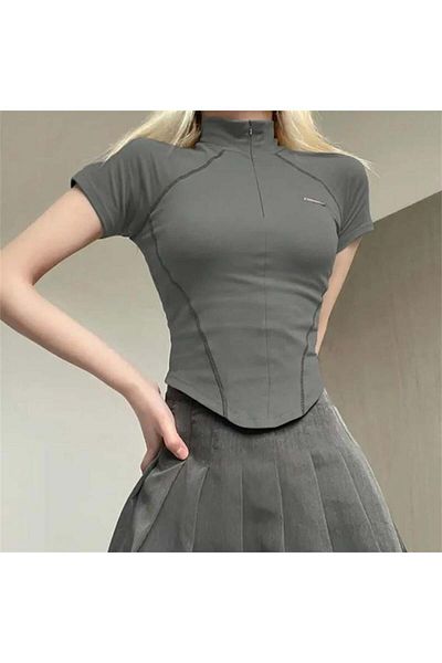 Karakedi Smoked Corset Cut Zipper Half T-Shirt