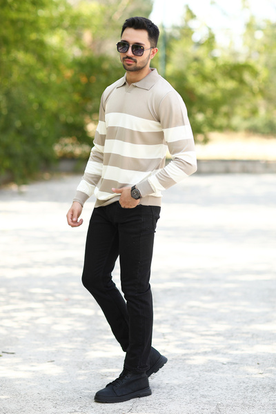 JB John Borners Ανδρικό φούτερ Polo με ρίγες βιζόν-λευκό - 100% Flament Knitwear, Ribbed - 1420