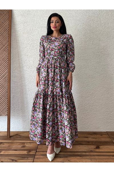 KÜÇÜĞÜM BUTİK Lilac Hijab - Multi Floral Patterned Layered Dress