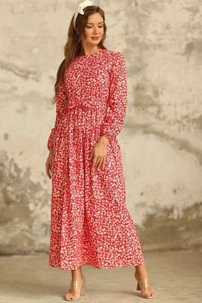 KÜÇÜĞÜM BUTİK Hijab Red, White Daisy Waist Gathered Dress