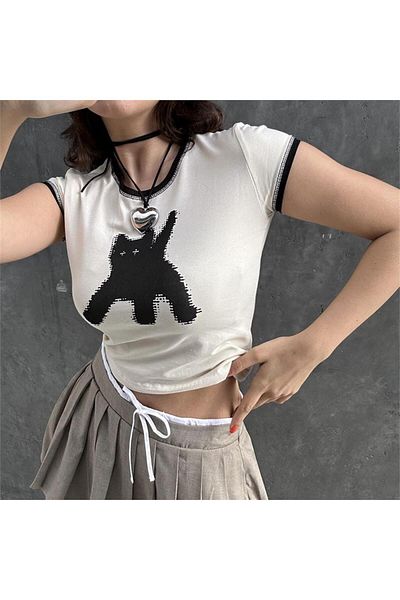 Karakedi Ecru Black Cat Short Sleeve Crop