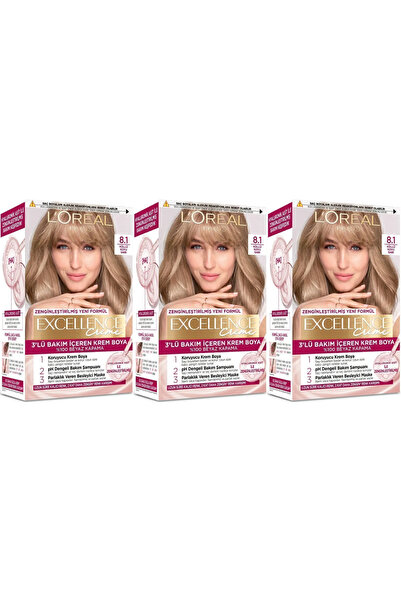 L'Oreal Paris Excellence Saç Boyası 8.1 Küllü Koyu Sarı 3'lü Set Yenilenmiş A...