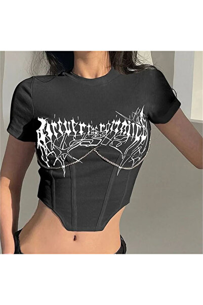 Karakedi Black Chain Detailed Triangle Cut Gothic Half T-Shirt