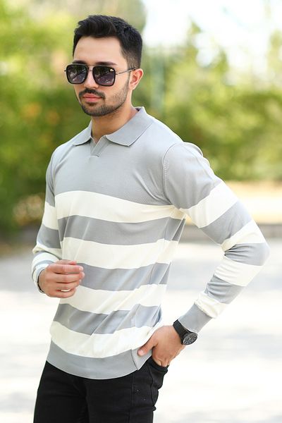 JB John Borners Men's Grey-White Striped Polo Collar Sweatshirt - 100% Flament, Ribbed - 1420