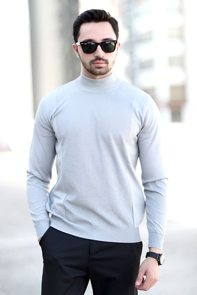 JB John Borners Men's Half Turtleneck Sweater Gray Rice Knitted 100% Micro Flame Ribbed - 1047