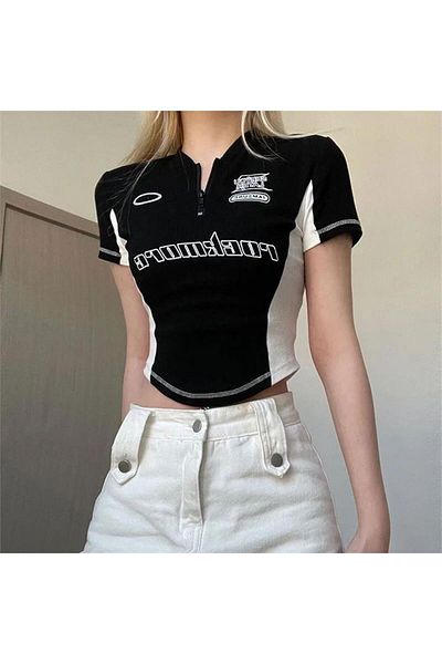 Karakedi Rockmore Black Half T-Shirt with Half Zipper and White Stripes