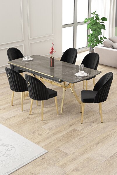 Canisa Sim Serisi 89x150 Açılabilir Lak Panel Antrasit Ironi Gold Ayak Masa Takımı Ve 6 Siyah Sandalye