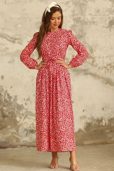 KÜÇÜĞÜM BUTİK Hijab Red, White Daisy Waist Gathered Dress
