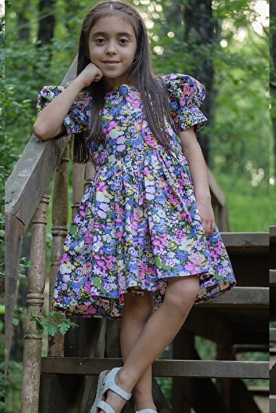 KÜÇÜĞÜM BUTİK Lila Çok Çiçekli Karpuz Kol Kız Çocuk Elbise