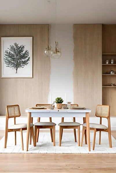 Woodenbend Andre Natural Beyaz Açılır Dikdörtgen Masa Takımı 70x127 – 4 Hazer...