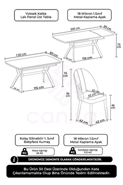 Canisa Sim Serisi 89x150 Açılabilir Lak Panel Siyah Mermer Krom Ayak Masa Takımı ve 6 Siyah Sandalye
