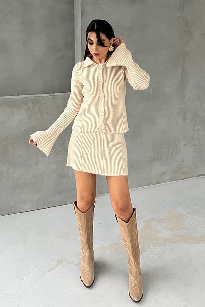 Seda Yalçın Atelier Cream Spanish Sleeve Cardigan and Skirt Knitwear Set