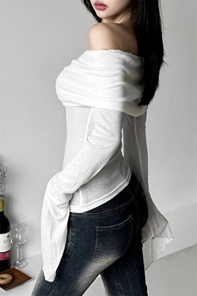 Karakedi White Madonna Collar Spanish Sleeve Y2K Long Sleeve Crop