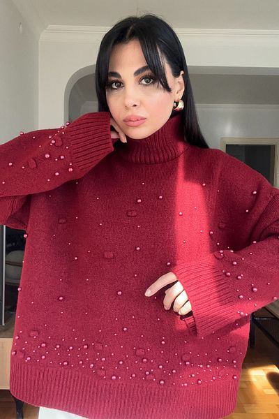 Seda Yalçın Atelier Burgundy Pearl Detailed Half Fisherman Knitwear Sweater