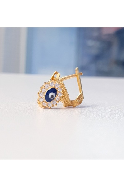 MAGRİB 22 ayar altın kaplama göz nazar boncuklu beyaz taşlı gümüş çocuk küpesi
