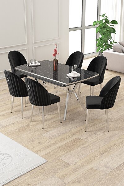 Canisa Sim Serisi 89x150 Açılabilir Lak Panel Siyah Mermer Krom Ayak Masa Takımı ve 6 Siyah Sandalye