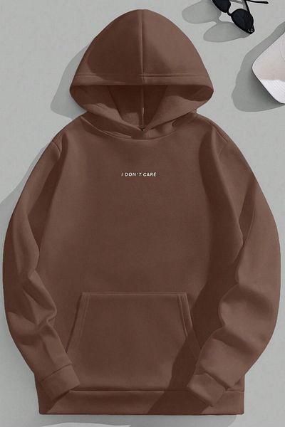 Know Φούτερ με κουκούλα Unisex Oversize - Καφέ με 3 κλωστές, τυπωμένο 'I Dont Care'