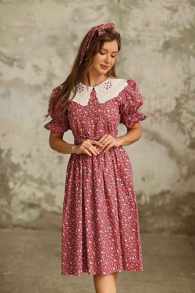 KÜÇÜĞÜM BUTİK Vintage Scallop gallér bordó virágos poplin ruha