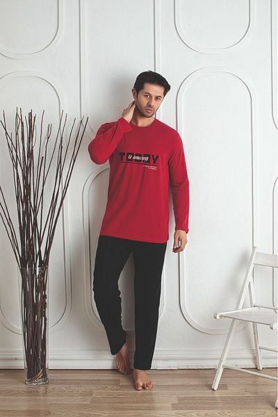 wear treasure Σετ ανδρικές πλεκτές πιτζάμες με στάμπα μακρυμάνικο