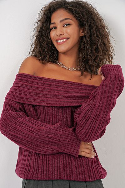 Bigdart 15908 Damen-Strickpullover mit offener Schulter und Übergröße – Weinrot