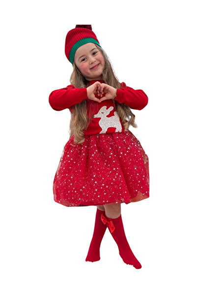 MinischeStore Kız Çocuk 3'lü yılbaşı Takım(Bere-Kazak-Etek)