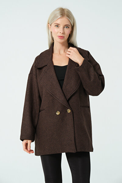 Moda Palmiss Дамско тъмнокафяво кашмирено палто с шарка на рибена кост и подплата, голям размер