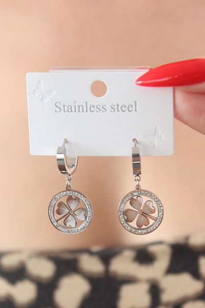 tamarix Celira Steel Silver Color Clover Model Zircon Stone Women's Earrings