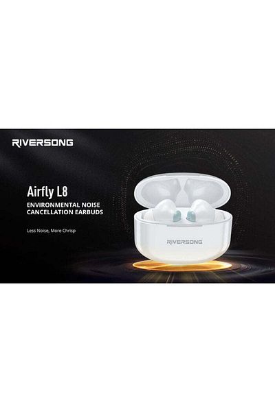 RİVERSONG سماعات أذن Airfly L8 بخاصية إلغاء الضوضاء، صوت ستيريو عالي الدقة، مقاومة للعرق، وقت تشغيل يصل إلى 30 ساعة، لون أبيض