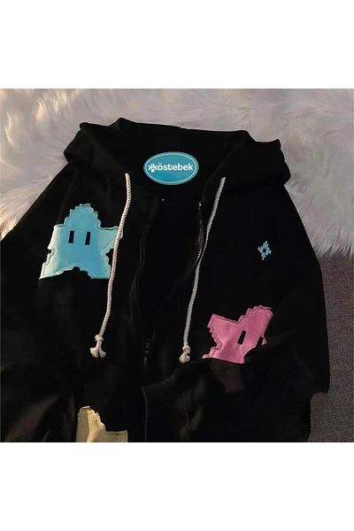 Karakedi Black Pixel Stars Thick Fabric Hooded Unisex Cardigan