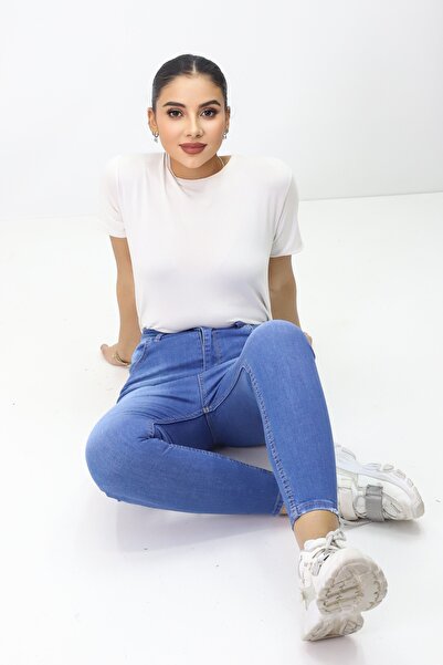 GZT TEKSTİL بنطلون جينز أزرق بخصر مرتفع