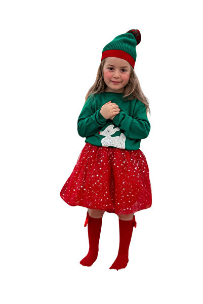 MinischeStore Kız Çocuk 3'lü Yılbaşı Takım(bere-kazak-etek)