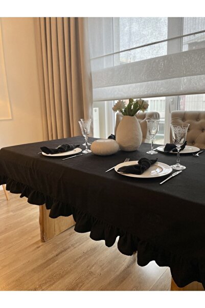 Decamor home Velvet Textured Vintage Ruffled Black Rectangular Worry-Free Tablecloth (Napkin Not Included)