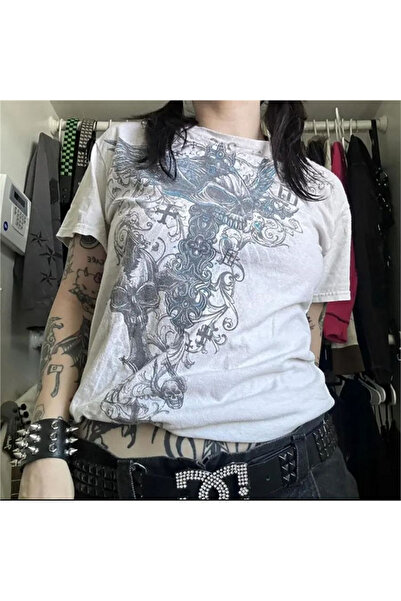 Karakedi Λευκό Vintage Renaissance Cross Skull Cyber ​​Grunge Unisex T-shirt