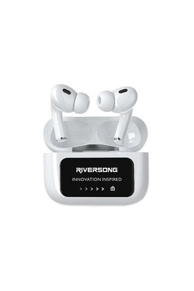 RİVERSONG سماعات أذن Airfly L1 اللاسلكية الحقيقية مع حافظة التحكم باللمس الذكية، شاشة ذكية، مقاومة للعرق، لون أبيض