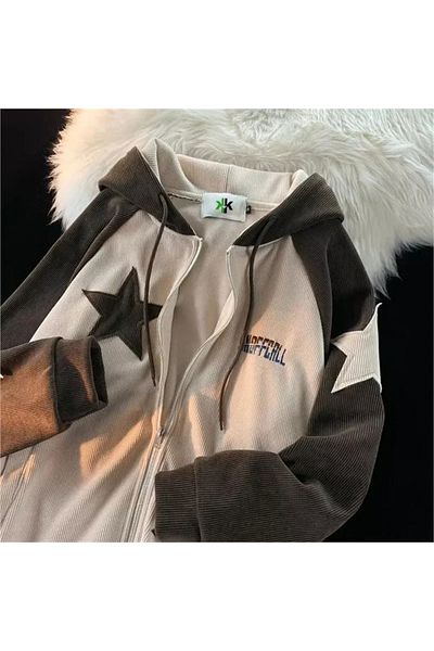 Karakedi Beige Unoffcall Brown Star Hooded Unisex Cardigan