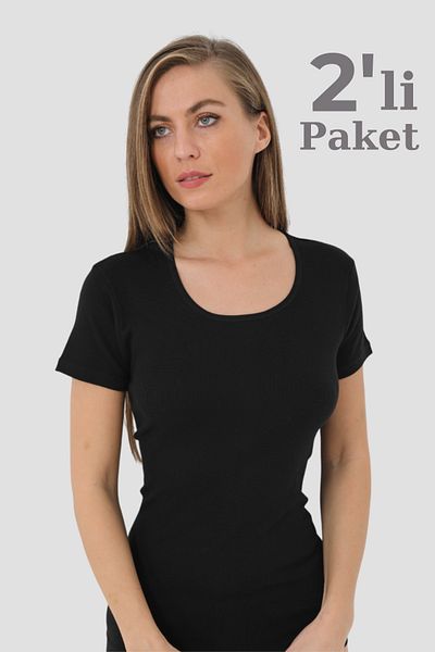 Arma Yıldız 2-Pack Women's Black T-Shirt Crew Neck Short Sleeve Undershirt 100% Cotton Rib