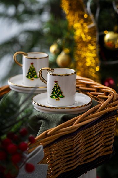 ACAR Rennes Christmas Pine Tree Coffee Cup Set for 2 People - 90 ml