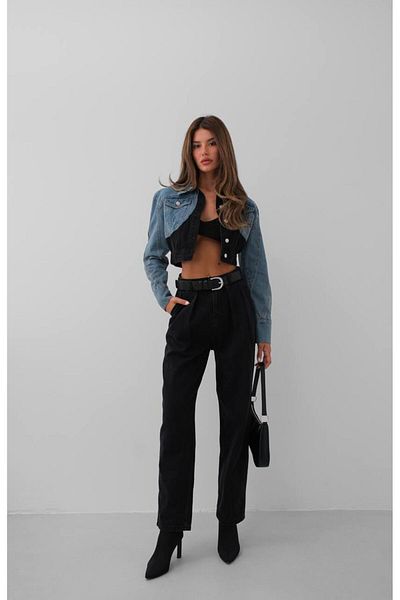 Le'amore Jachetă de blugi dublă culoare crop albastru negru
